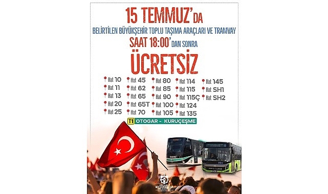 Kocaeli Büyükşehir'den 15 Temmuz'da ücretsiz ulaşım hizmeti